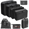 A set of black fabric storage organizers including various sized pouches and a zippered case.