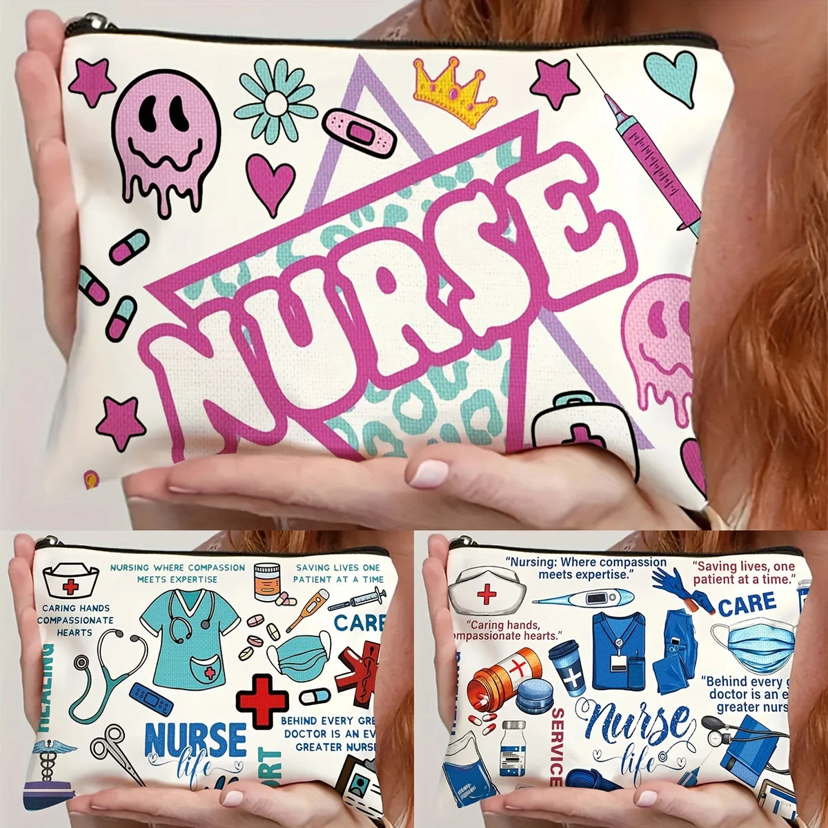Set kosmetische Beutel mit dem Wort NURSE und medizinischen Symbolen wie Krone, Herz und Spritze.