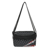 Black stylish square crossbody purse with a geometric pattern and a red and white shark tooth design.