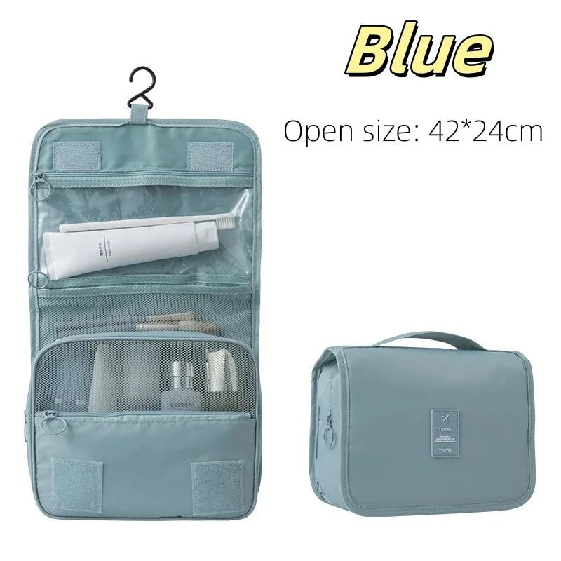 A light blue waterproof makeup organizer with multiple compartments and a matching travel pouch.