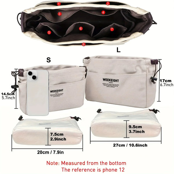 A drawstring canvas storage organizer bag shown in various forms and sizes, including a large bag and smaller pouches.