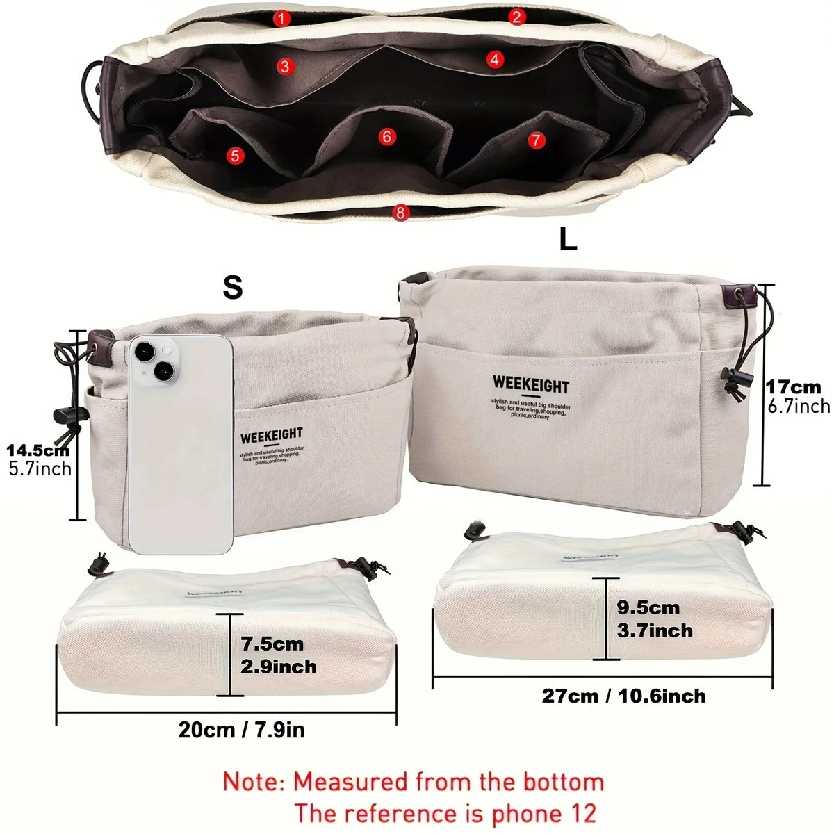 A drawstring canvas storage organizer bag shown in various forms and sizes, including a large bag and smaller pouches.