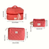 A red and white plaid cosmetic storage bag shown in various sizes and angles.