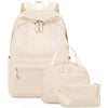 A beige corduroy strawberry backpack set featuring a main backpack and a separate pouch.