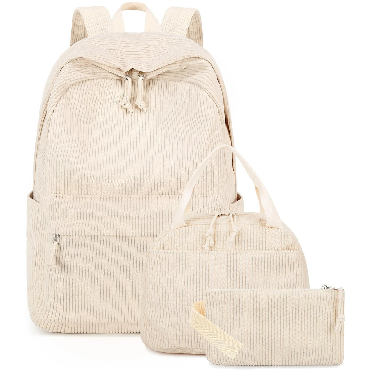 A beige corduroy strawberry backpack set featuring a main backpack and a separate pouch.