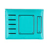 Cartera plegable de pantalla de juego color verde azulado con portacartas grabadas y múltiples ranuras horizontales.