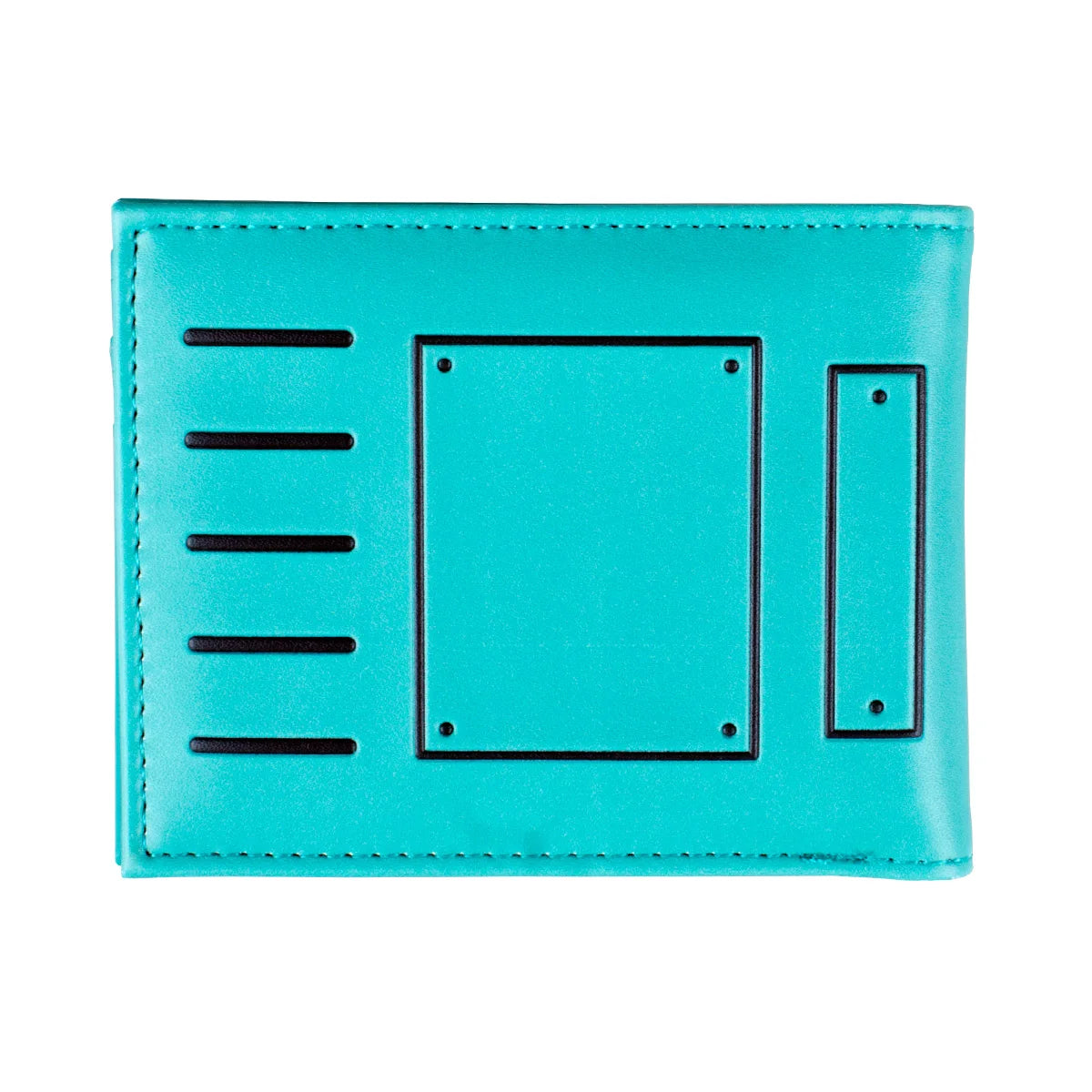 Cartera plegable de pantalla de juego color verde azulado con portacartas grabadas y múltiples ranuras horizontales.