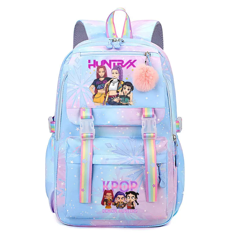 A light blue and pink patterned backpack featuring Demon Hunters characters on the front.