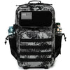 A black and gray tactical backpack featuring a flag patch, MOLLE webbing, and a laptop compartment.