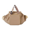 A beige nylon shoulder bag with brown patterned straps and a flap closure.