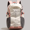 A beige and pink hiking backpack with black accents shown from the front.