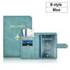 A blue B style passport and ID holder cover featuring a leather wallet with multiple card slots.