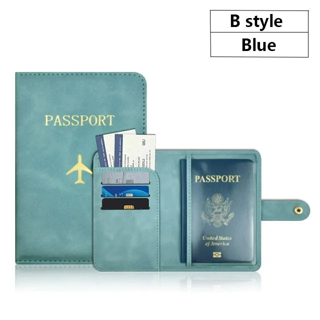 A blue B style passport and ID holder cover featuring a leather wallet with multiple card slots.