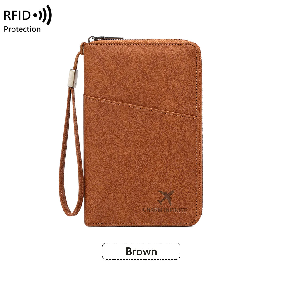 A brown leather RFID blocking passport and document holder with a strap.