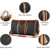 A black and brown foldable multi-function garment duffle bag showing features like non-slip zippers, a handle, front pocket, 