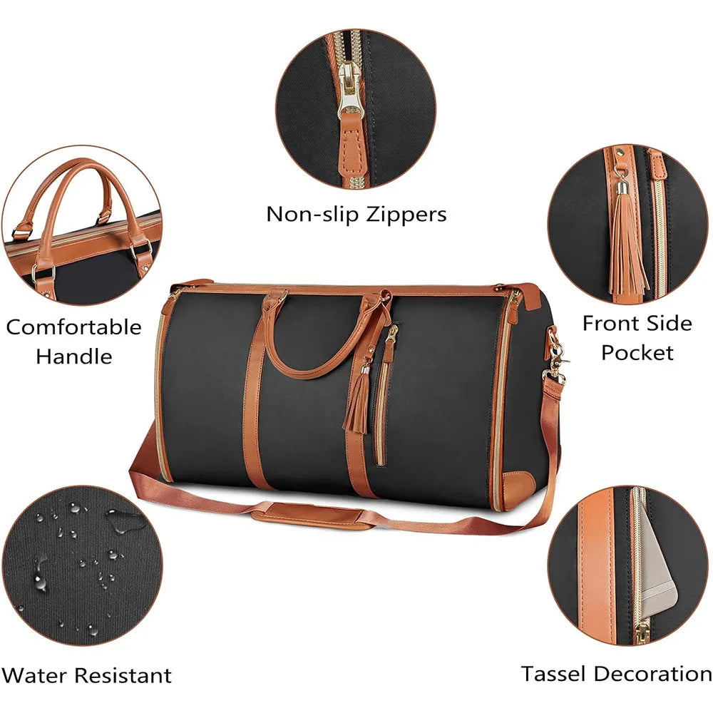 A black and brown foldable multi-function garment duffle bag showing features like non-slip zippers, a handle, front pocket, 