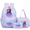 A set of purple and light blue patterned nylon backpacks featuring a sparkly design.