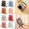 A collection of various RFID-protected touch screen crossbody bags in shades of black, blue, pink, and green.