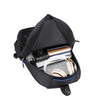 Black unisex double-shoulder travel backpack open showing internal organization and accessories