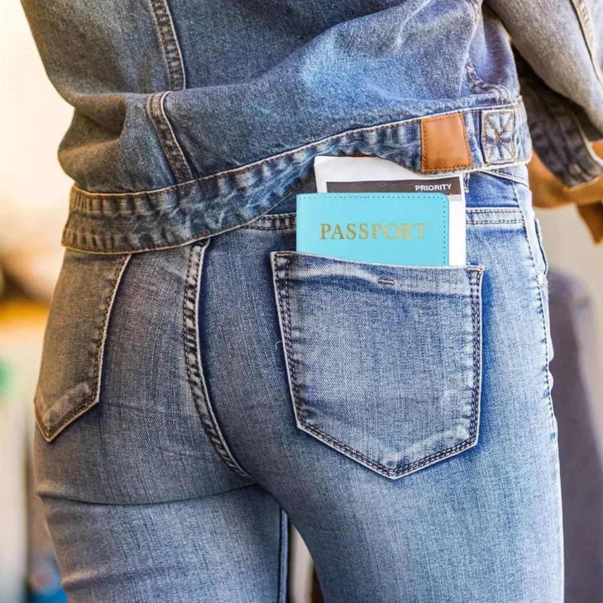 Primer plano de un bolsillo de jeans sosteniendo una funda para pasaporte azul claro con etiqueta de prioridad.