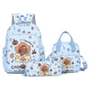 A set of light blue cartoon animal backpacks and a pouch featuring a capybara theme.