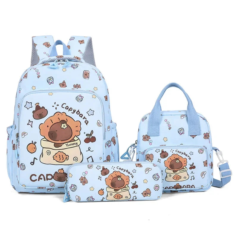 A set of light blue cartoon animal backpacks and a pouch featuring a capybara theme.