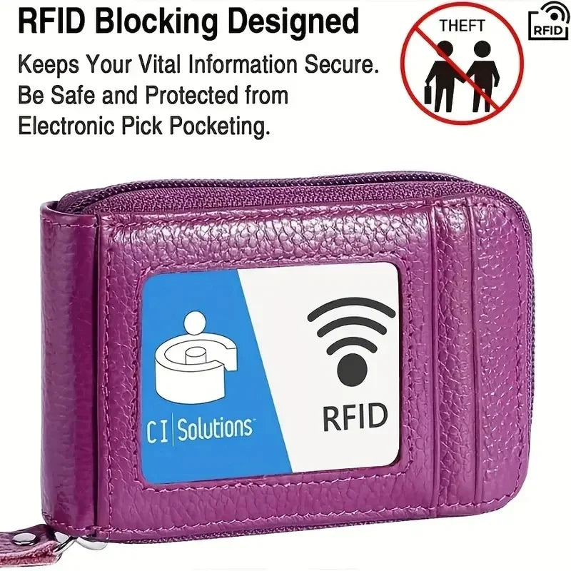A purple RFID blocking card holder wallet with a clear window displaying CI Solutions and RFID symbols.