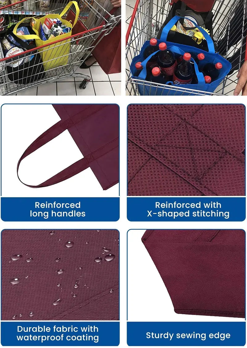 A set of reusable foldable grocery tote bags in maroon fabric with reinforced handles and durable waterproof coating.