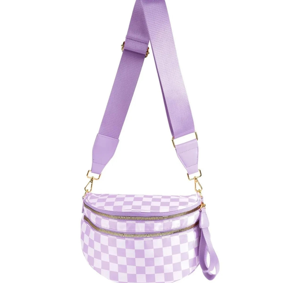 A purple checkered multi-functional waist bag with a matching strap.