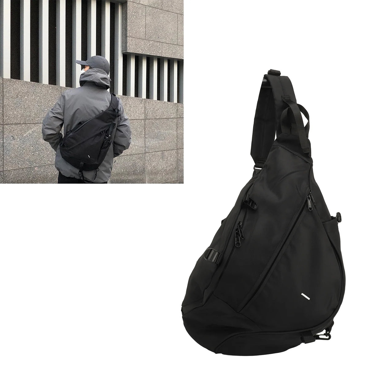 Schwarze, strapazierfähige, wasserdichte Oxford-Slingbag getragen von einer Person vor einer grauen Gebäudefassade.