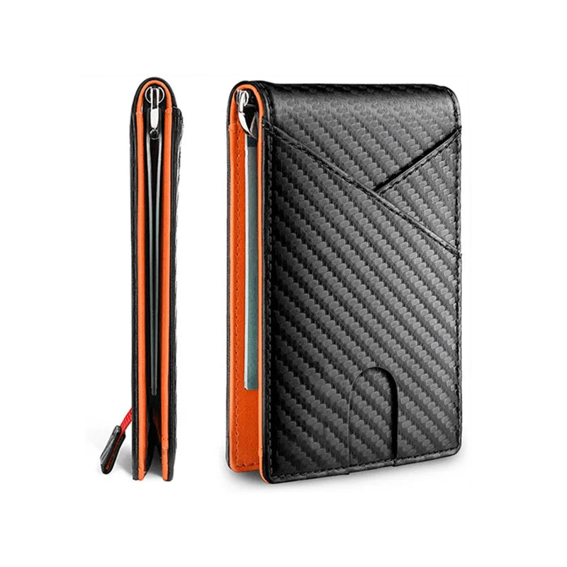 Portefeuille noir en fibre de carbone élancé pour homme, vue verticale et pliée.