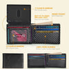 A black slim bifold wallet with RFID protection features including a clear ID window and money pocket.