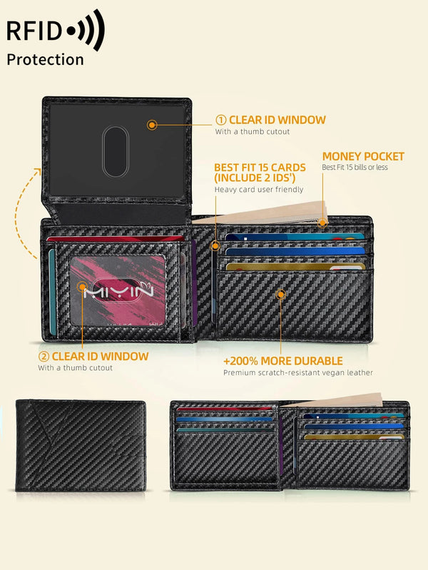 A black slim bifold wallet with RFID protection features including a clear ID window and money pocket.