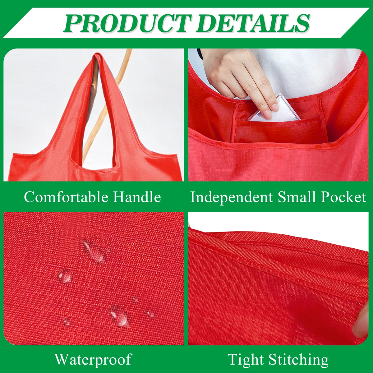 Red reusable foldable grocery tote bags showing a handle, pocket, waterproof fabric, and tight stitching details.