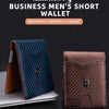 Cartera de hombre azul oscuro con estampado, abierta y cerrada, sobre una superficie gris.