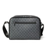 A black men's letter print crossbody sling bag with a zippered top and black strap.