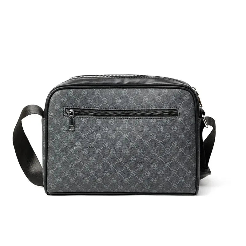 A black men's letter print crossbody sling bag with a zippered top and black strap.