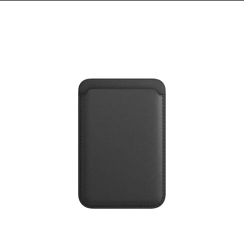 A dark gray leather wallet case designed for MagSafe compatibility.