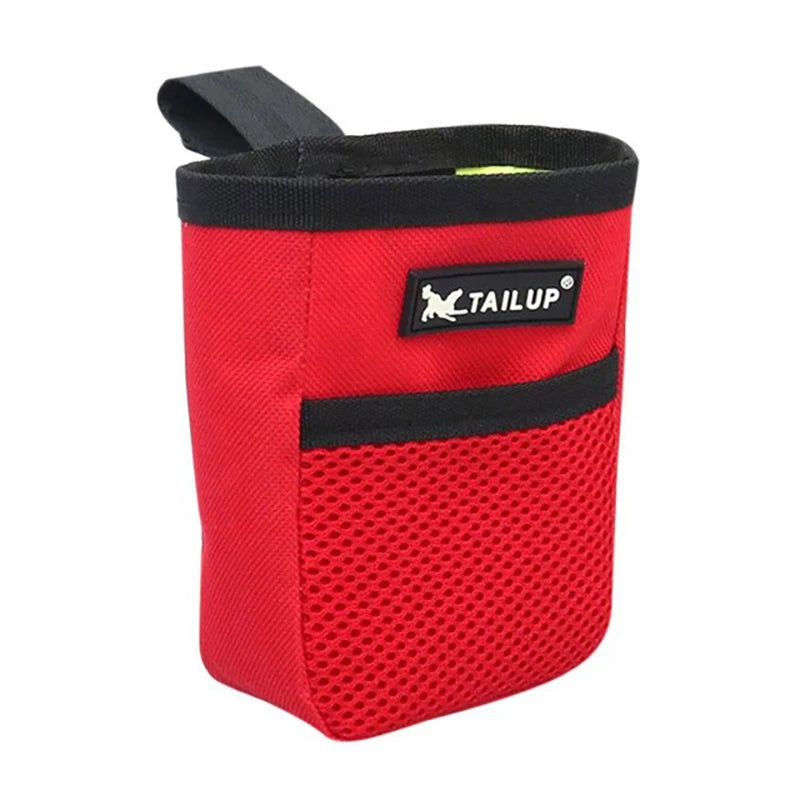 A red and black pet training treat pouch for dogs with a mesh pocket.