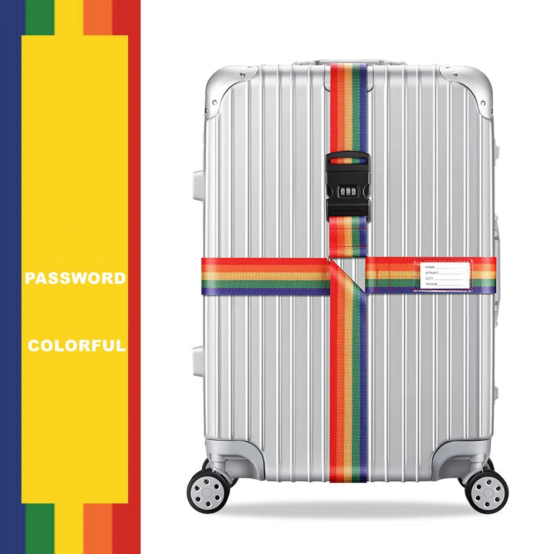 Silver adjustable luggage featuring a colorful striped cross strap and bundling belt.