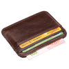 A brown genuine leather card holder with a clear window displaying Chinese currency notes.
