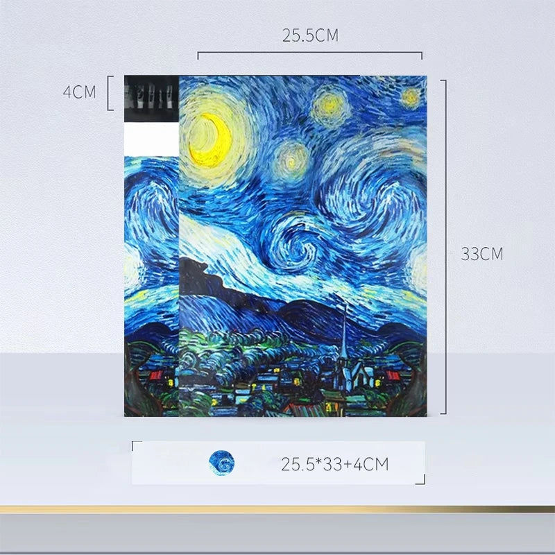 Peinture verticale d'un ciel nocturne avec des étoiles jaunes et bleues au-dessus d'un paysage et d'une vue de ville sombres.