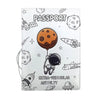 A white passport cover featuring a travel theme with illustrations of space objects like planets and rockets.