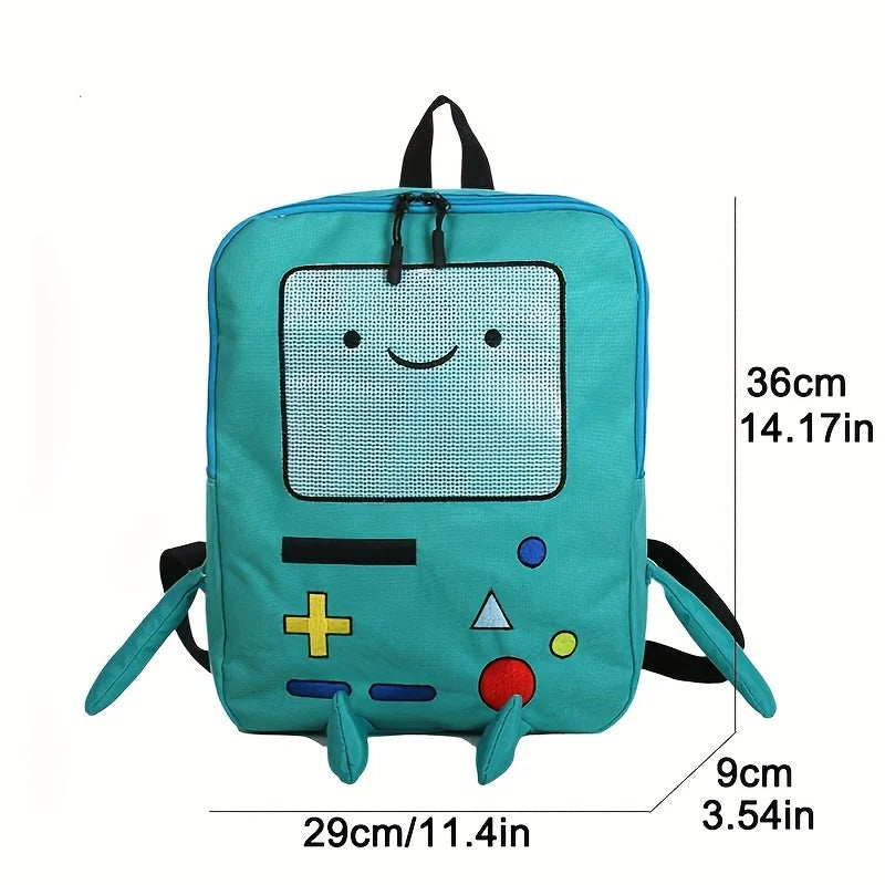 A teal cartoon robot backpack with black accents and yellow feet.