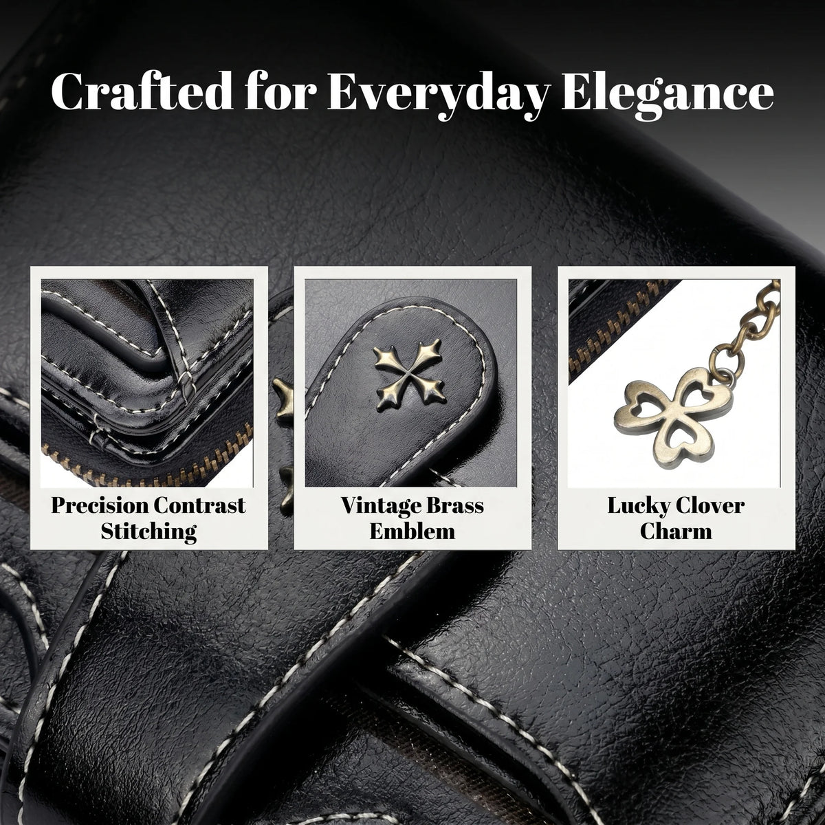 Black leather mini wallet featuring precision stitching, a vintage brass emblem, and a lucky clover charm.