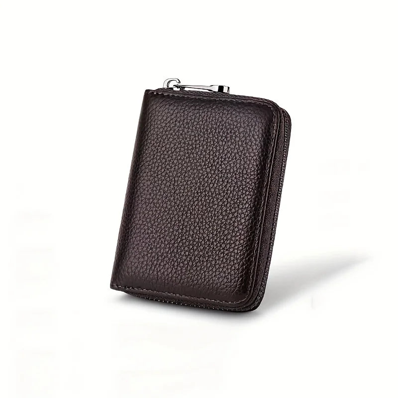 A dark brown leather classic zipper card holder wallet shown from the top view.