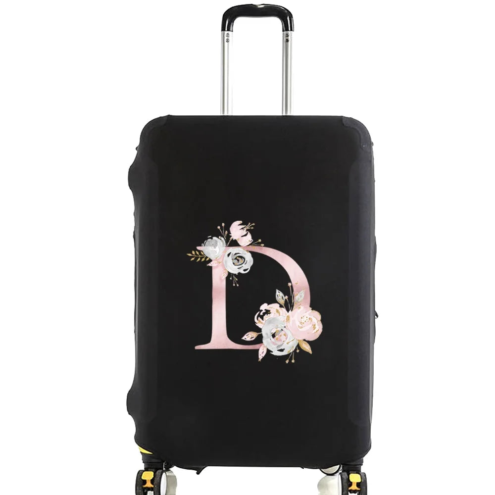Black luggage protector cover with a large pink floral letter D design