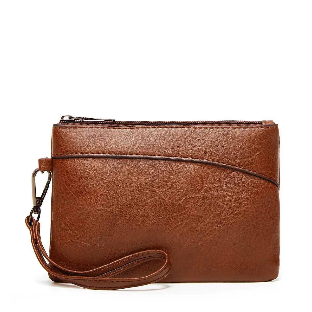 A brown retro PU leather zipper wrist bag with a leather strap.