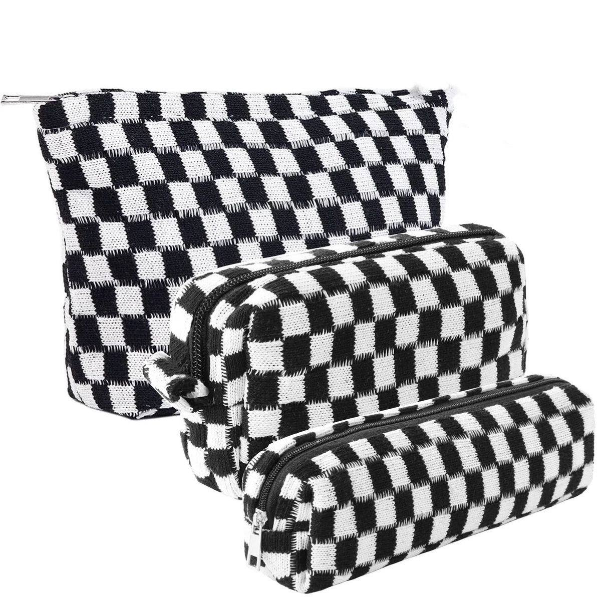 A set of three checkered black and white makeup bags.