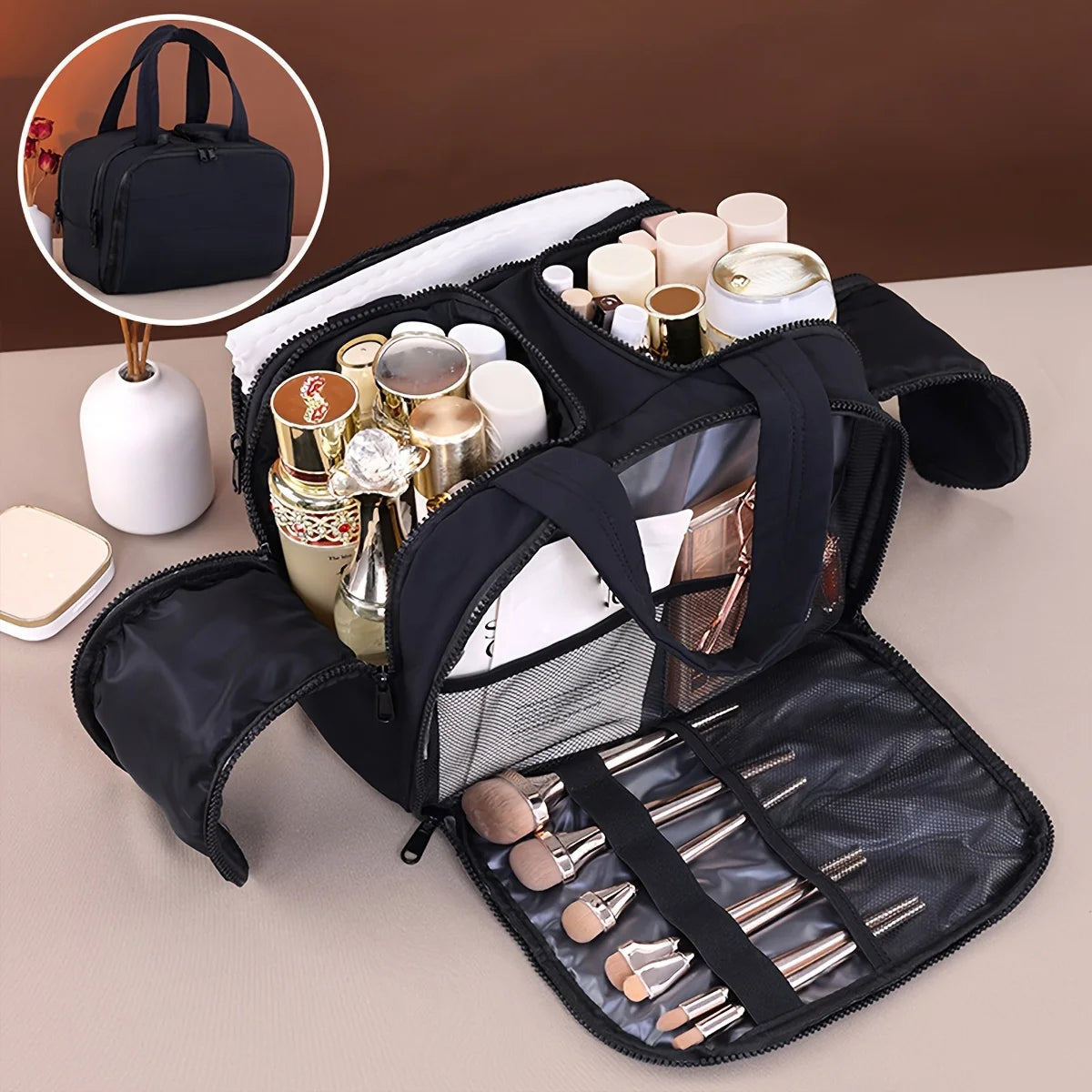 A black portable side-zip cosmetic organizer bag is shown open, displaying various makeup and beauty products.
